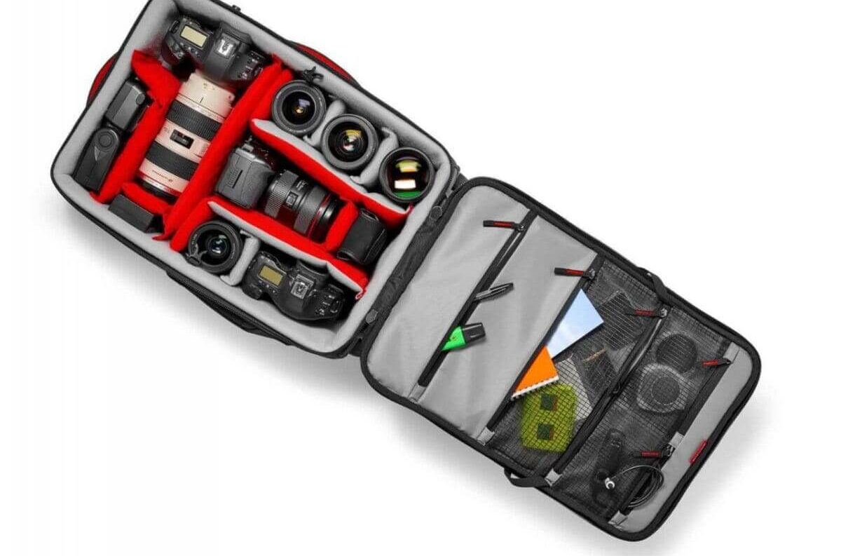 Manfrotto Pro Light Reloader-55 carry-on size roller bag holds 3 cameras, 8 lenses