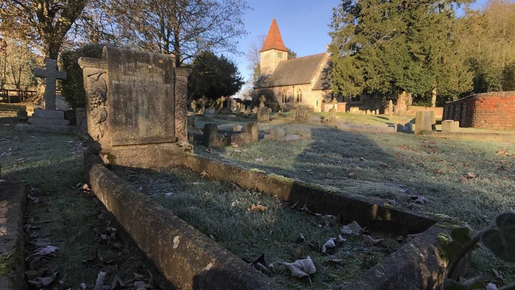 A churchyard covered in frost
