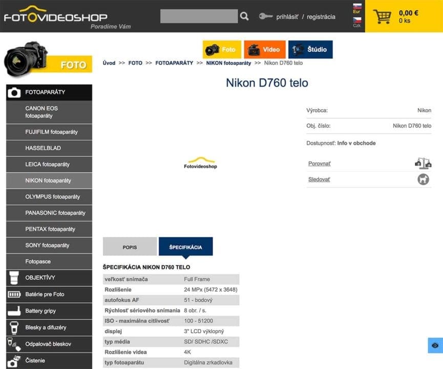 Nikon D760 specs listed by Slovakian official Nikon dealer, later removed