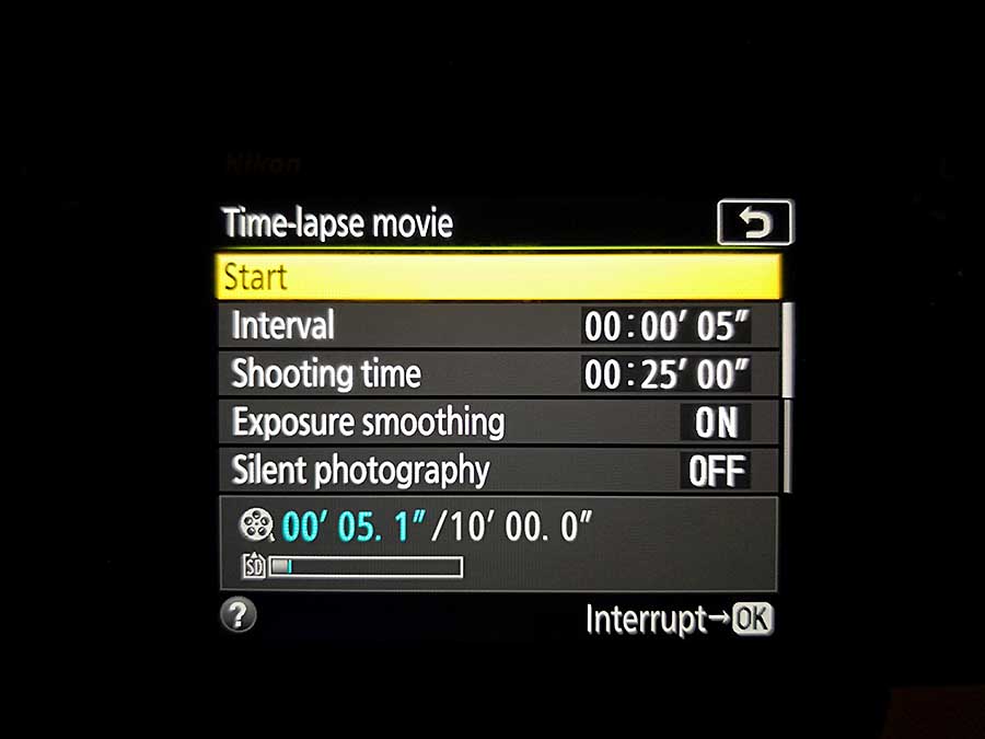 How to set up the Nikon D850 Timelapse Movie mode: interval time