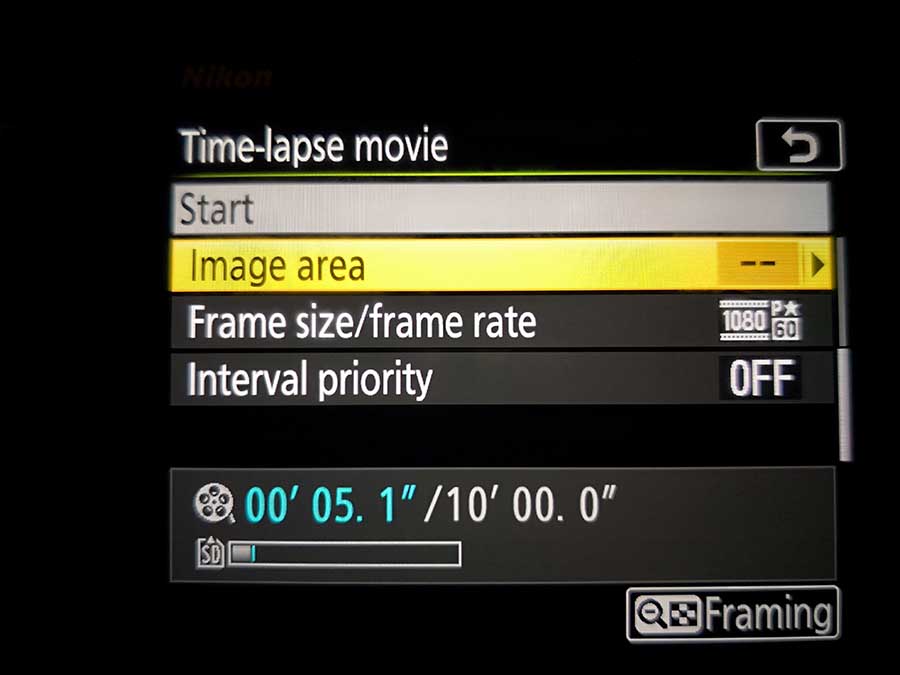 How to set up the Nikon D850 Timelapse Movie mode: image area