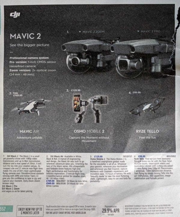 DJI Mavic 2, Mavic 2 Pro, Mavic 2 Zoom revealed in Argos catalogue
