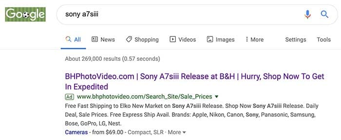 B&H Photo Video advertising for Sony A7S III on Google