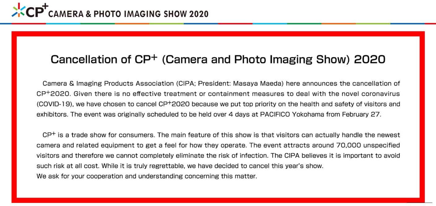 CP+ 2020 trade show also canceled due to coronavirus