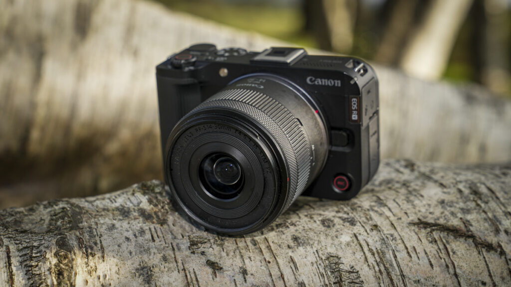 Canon EOS R50 V front angle and record buytton